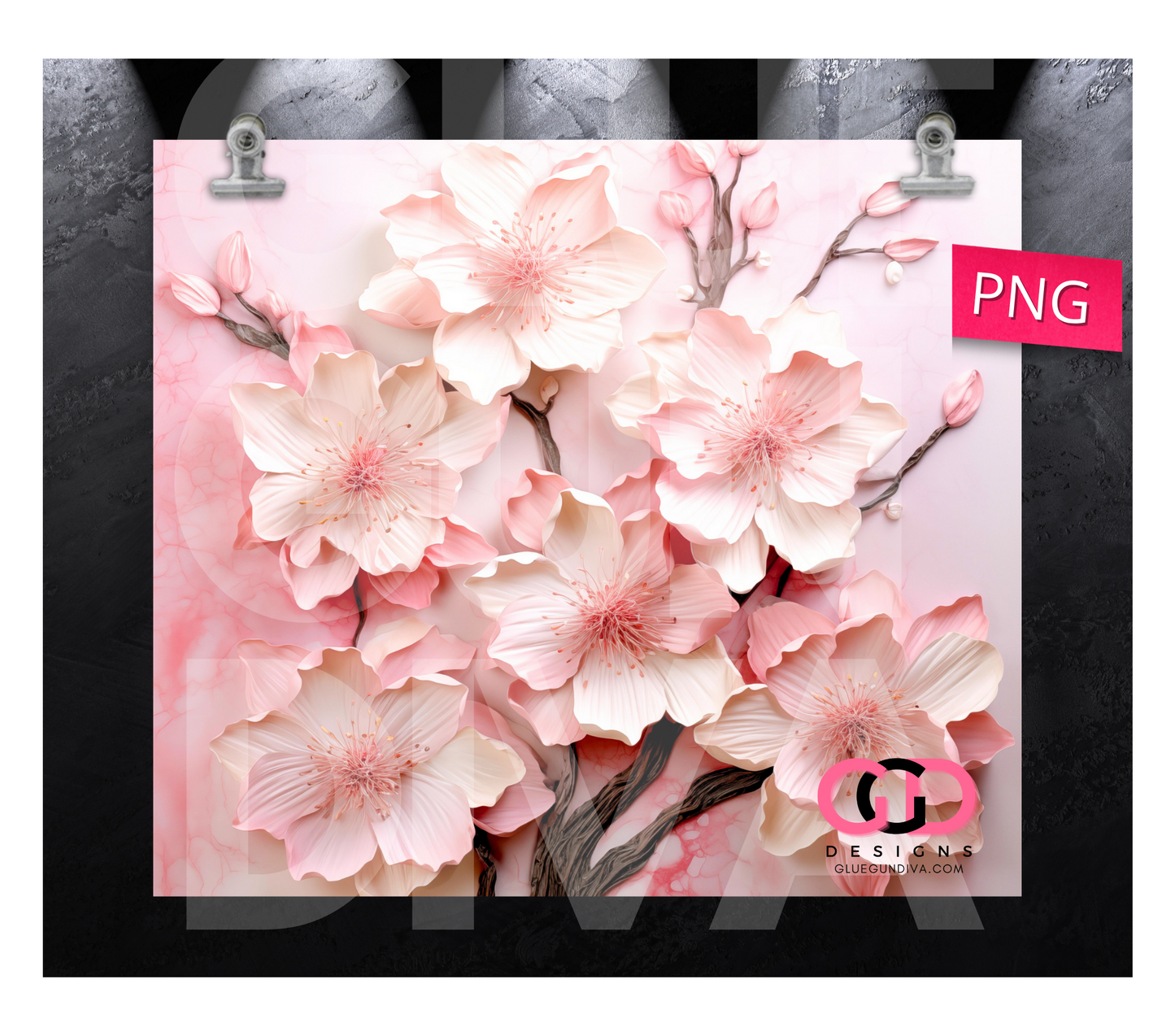 3D Pink Flowers, distressed background- Digital tumbler wrap for 20 oz skinny straight tumbler