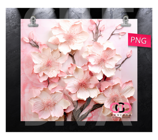 3D Pink Flowers, distressed background- Digital tumbler wrap for 20 oz skinny straight tumbler