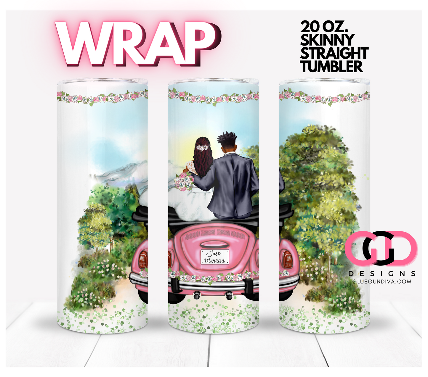 Just Married Love Beetle Black Couple - Digital tumbler wrap for 20 oz skinny straight tumbler