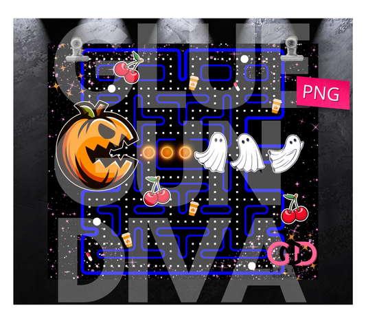 Pumpkin and ghosts retro video game - Digital tumbler wrap for 20 oz skinny straight tumbler