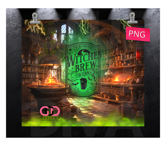 Witches Brew Tavern Bottle Label - Digital tumbler wrap for 20 oz skinny straight tumbler