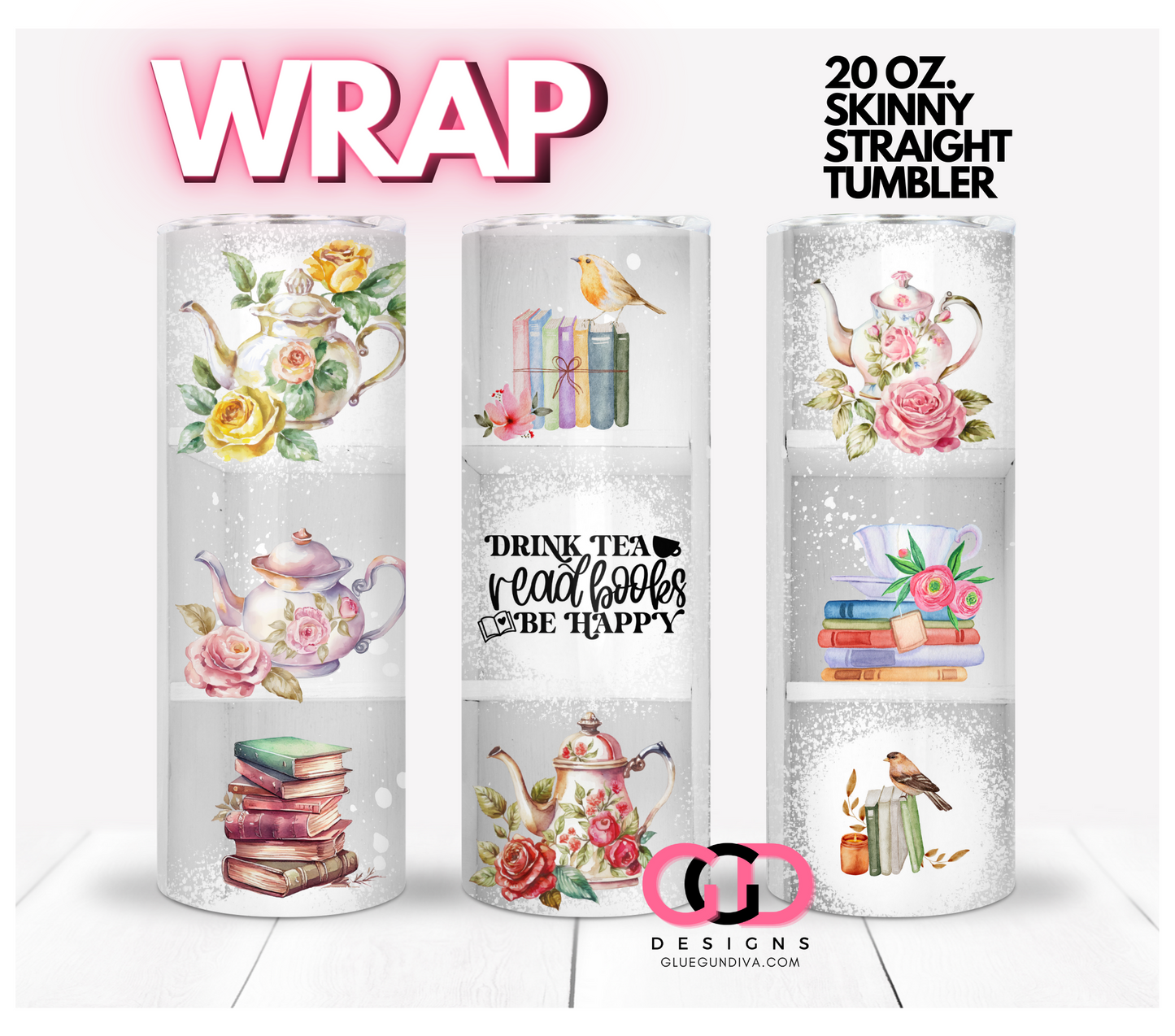 Tea and Books - Digital tumbler wrap for 20 oz skinny straight tumbler