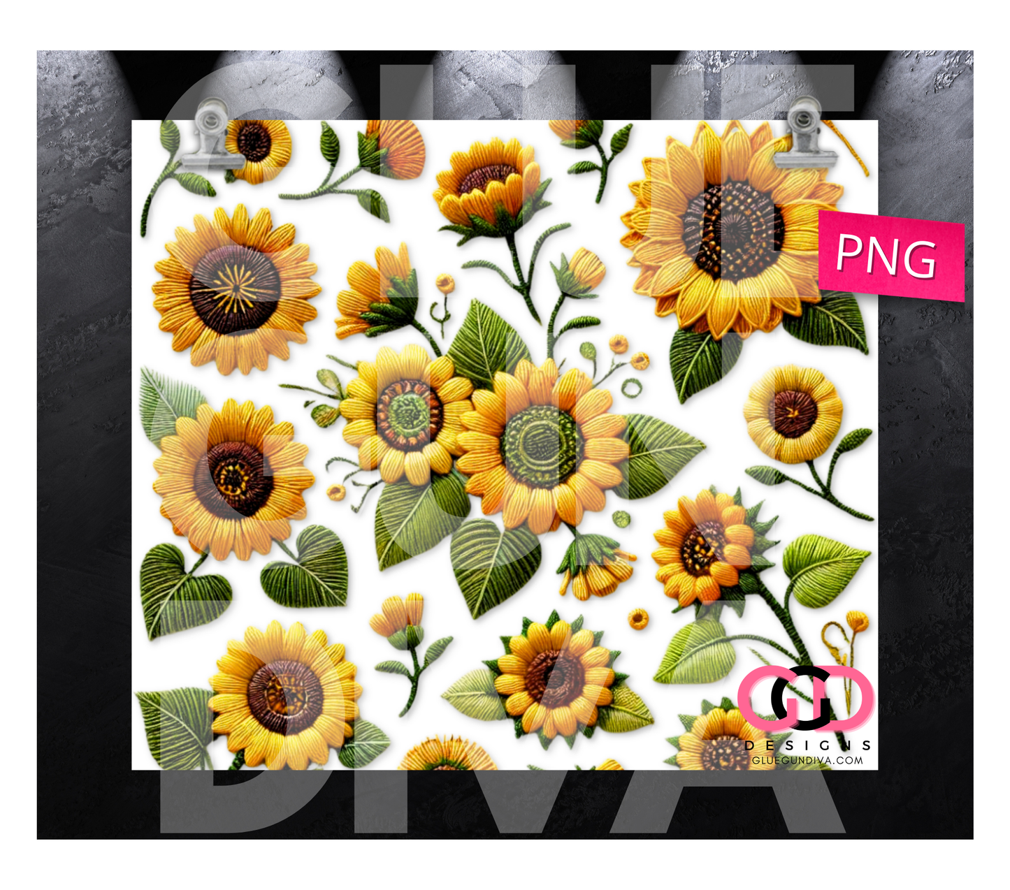 Embroidered Sunflowers- Digital tumbler wrap for 20 oz skinny straight tumbler