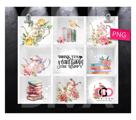 Tea and Books - Digital tumbler wrap for 20 oz skinny straight tumbler