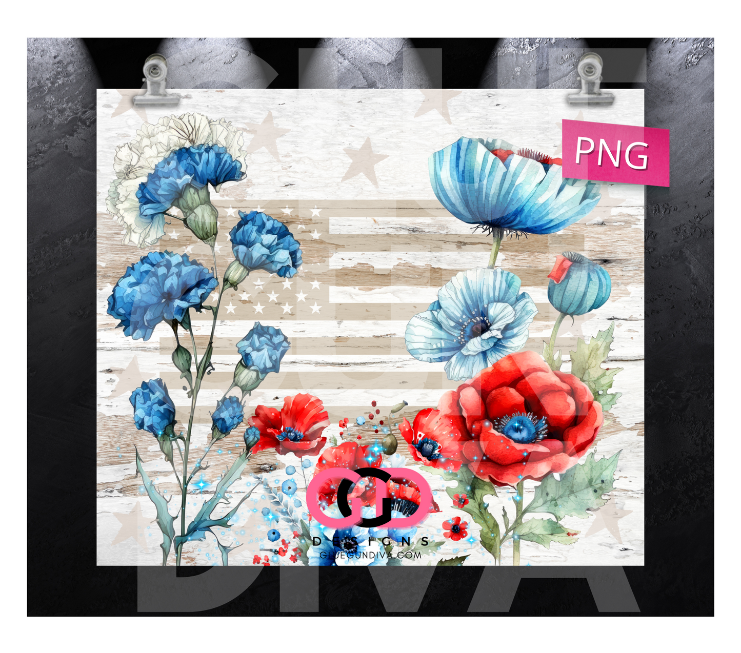 Rustic Patriotic Flowers - Digital tumbler wrap for 20 oz skinny straight tumbler