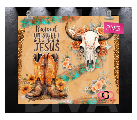Raised on Sweet Tea and Jesus - Digital tumbler wrap for 20 oz skinny straight tumbler