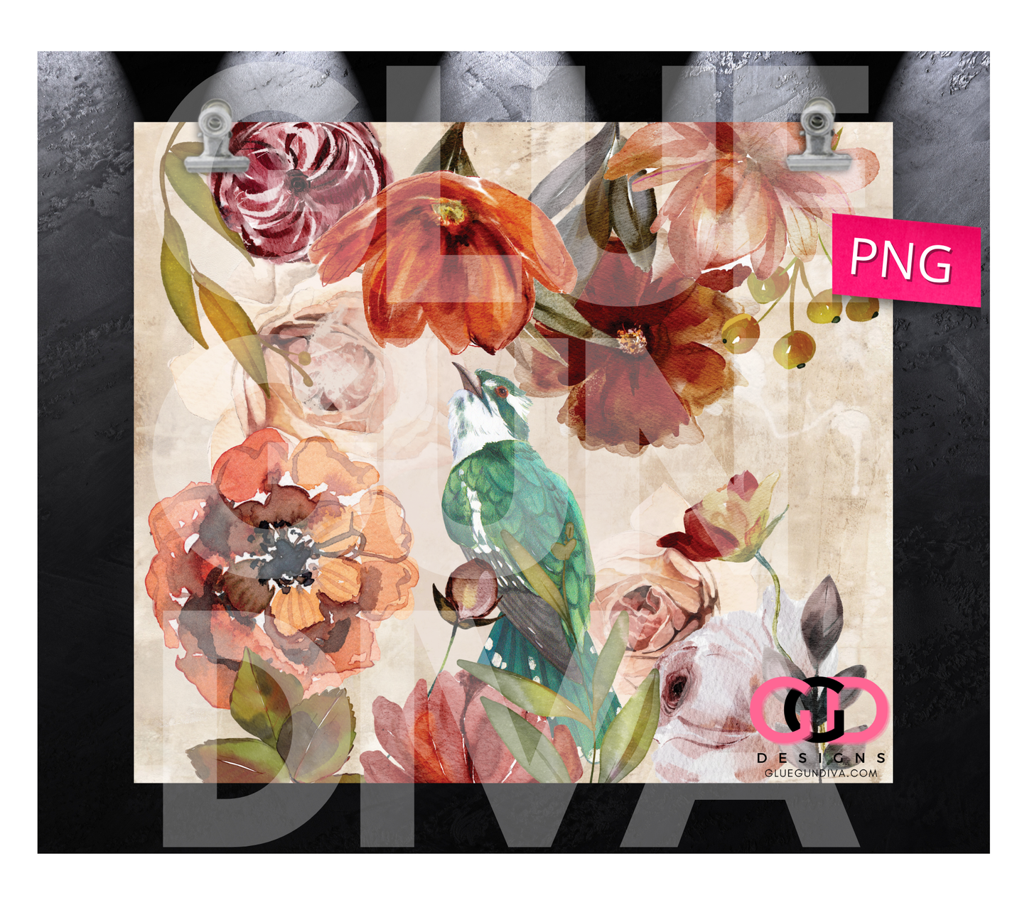 Fall floral and bird- Digital tumbler wrap for 20 oz skinny straight tumbler