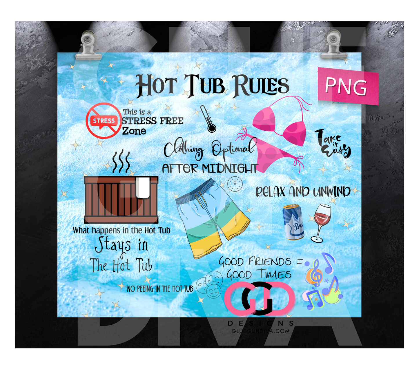 Hot Tub Rules - Digital tumbler wrap for 20 oz skinny straight tumbler