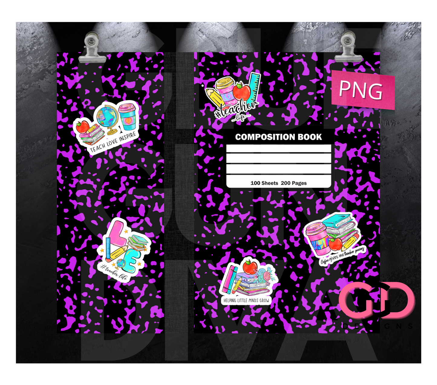 Teacher Composition Book with stickers- Digital tumbler wrap for 20 oz skinny straight tumbler