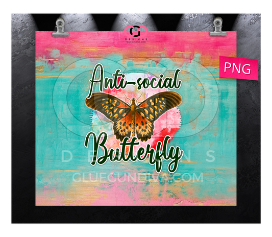 Anti Social Butterfly Hot Pink Teal - Digital tumbler wrap for 20 oz skinny straight tumbler