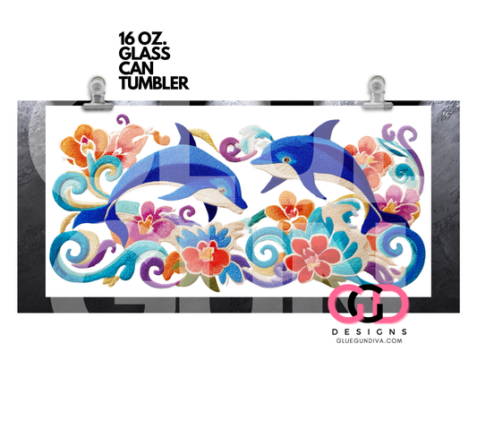 Embroidered Dolphins - Digital wrap for 16 oz glass can