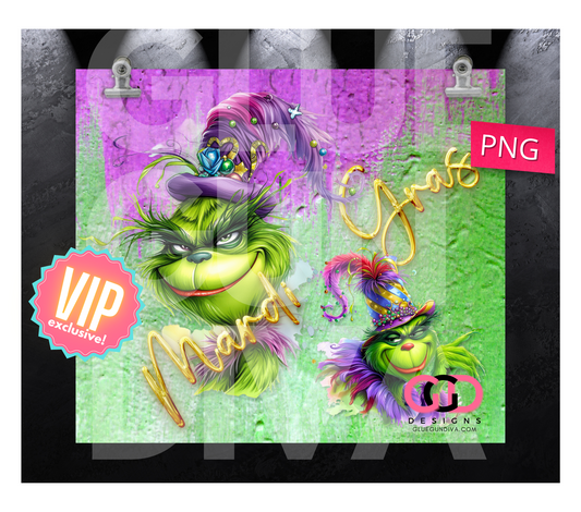 Green Monster Mardi Gras- Digital tumbler wrap for 20 oz skinny straight tumbler