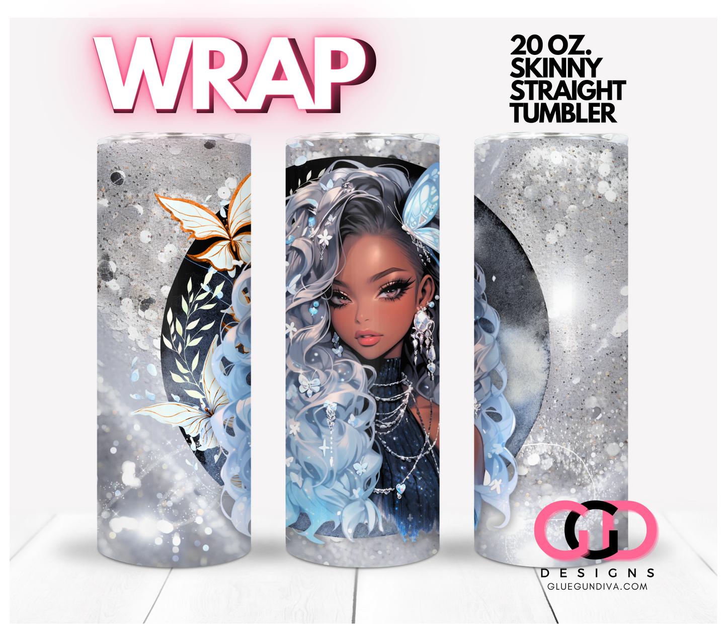 Winter Fairy Black Hair- Digital tumbler wrap for 20 oz skinny straight tumbler