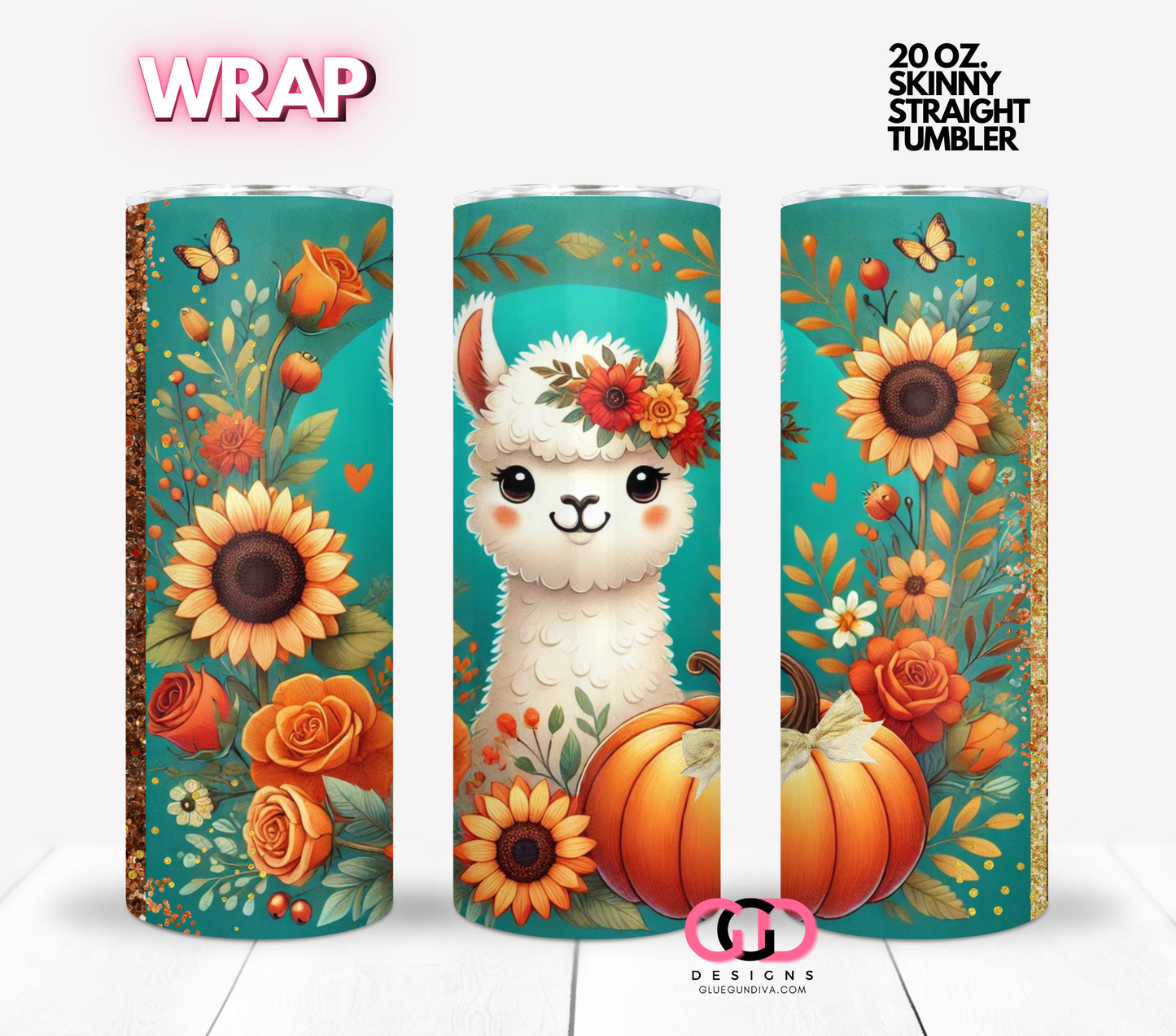 Fall Llama- Digital tumbler wrap for 20 oz skinny straight tumbler