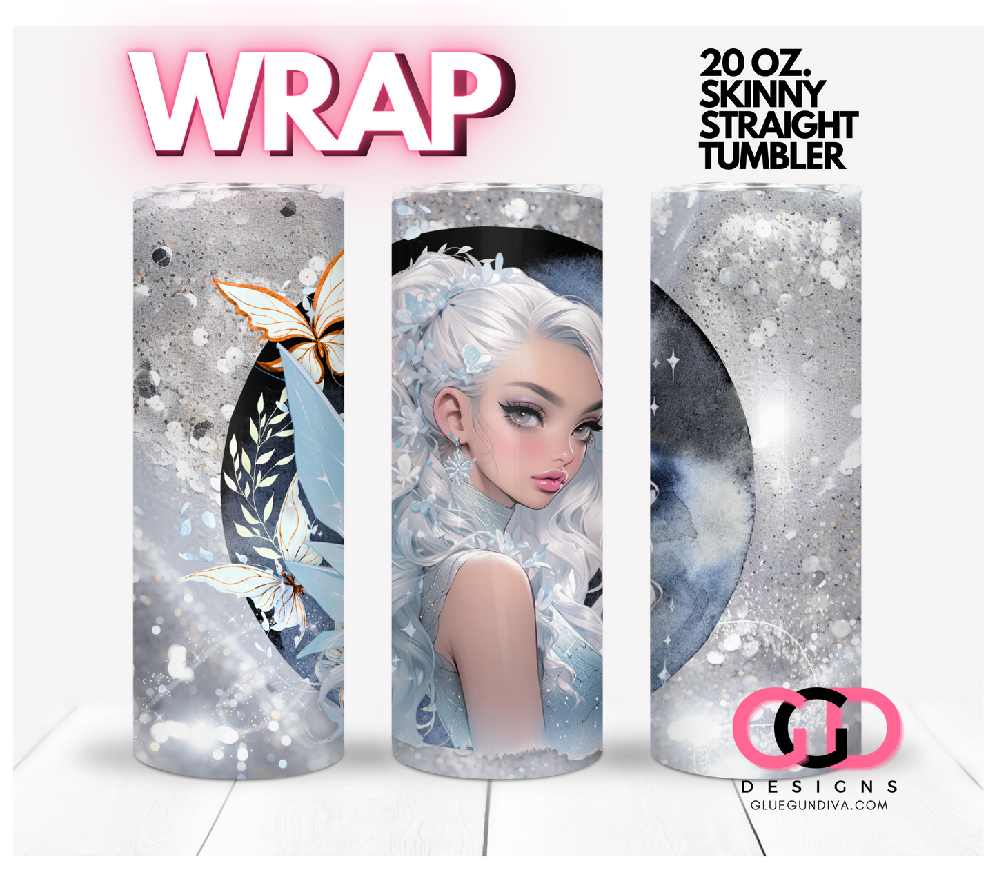 Winter Fairy White Hair- Digital tumbler wrap for 20 oz skinny straight tumbler