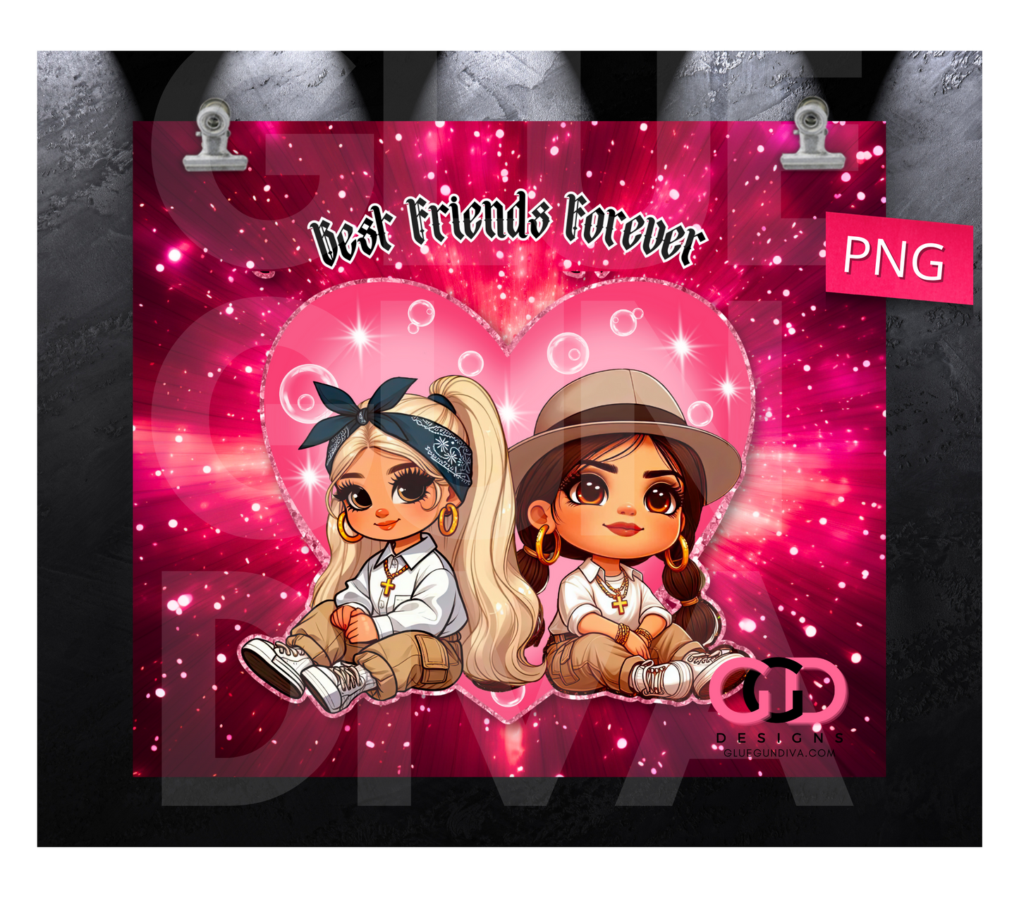 BFF girls with hoops- Digital tumbler wrap for 20 oz skinny straight tumbler