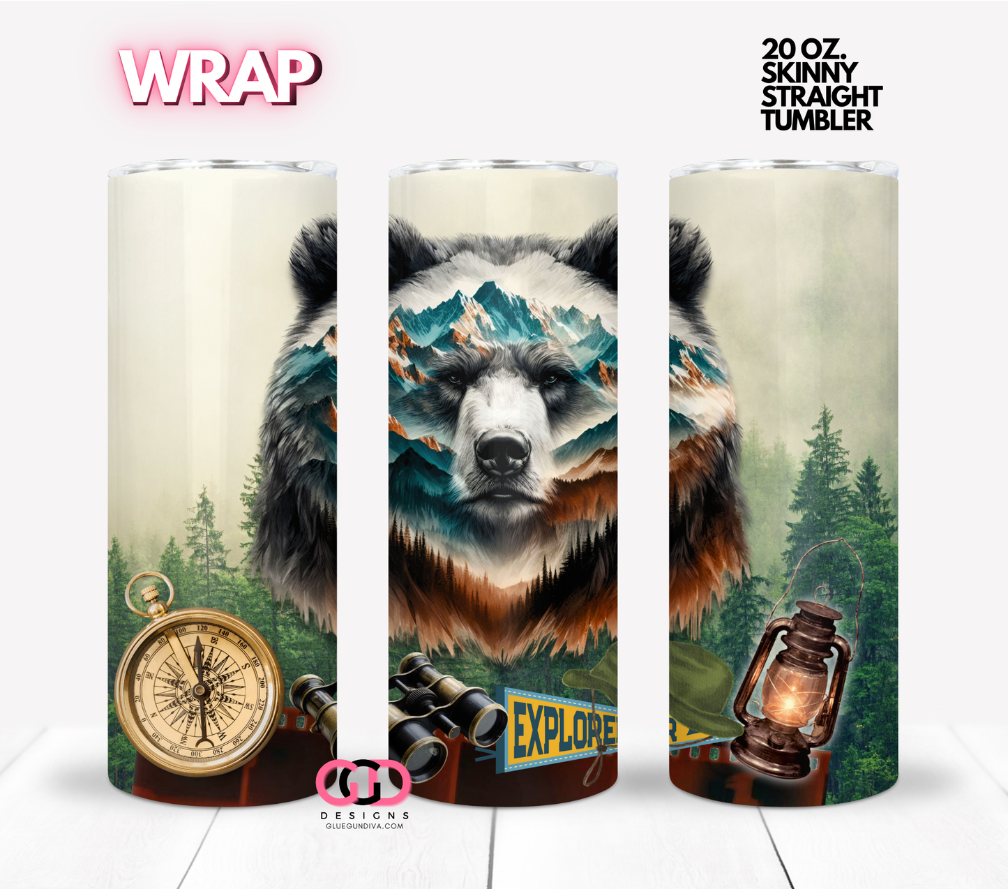 Explorer- Digital tumbler wrap for 20 oz skinny straight tumbler