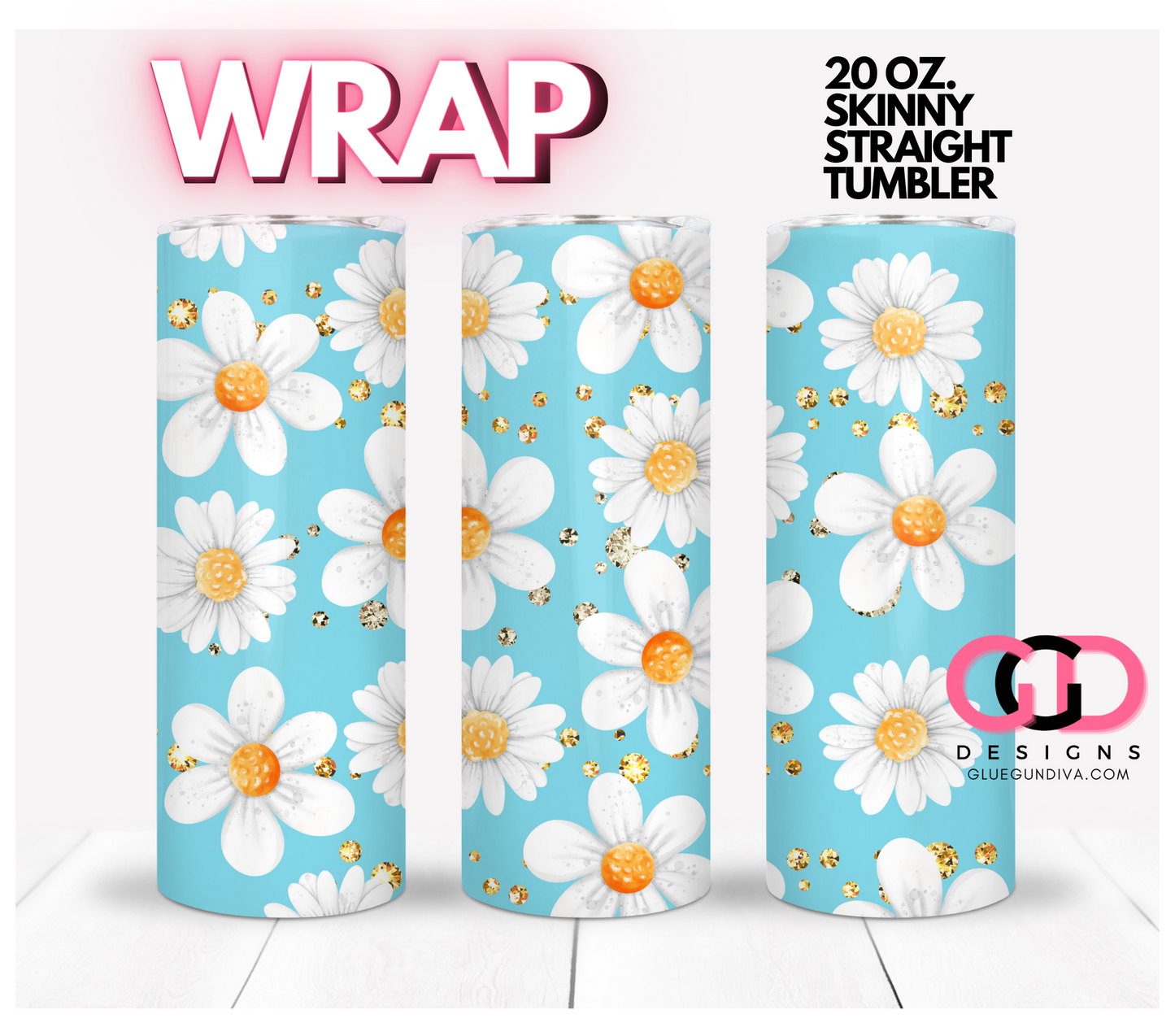 White Flowers with Gems - Digital tumbler wrap for 20 oz skinny straight tumbler