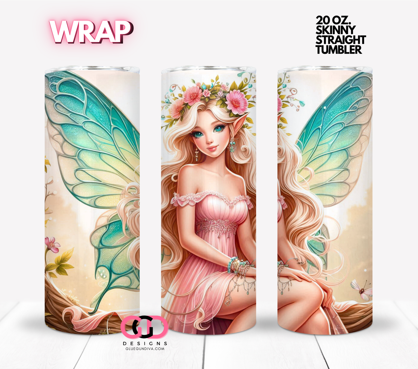 Blonde Fairy Teal Wings- Digital tumbler wrap for 20 oz skinny straight tumbler