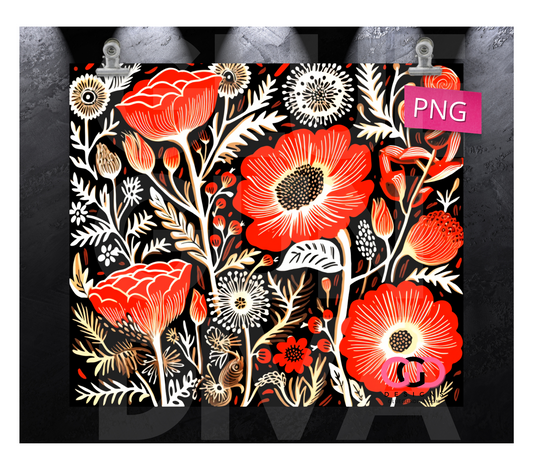 Red White Black flowers- Digital tumbler wrap for 20 oz skinny straight tumbler