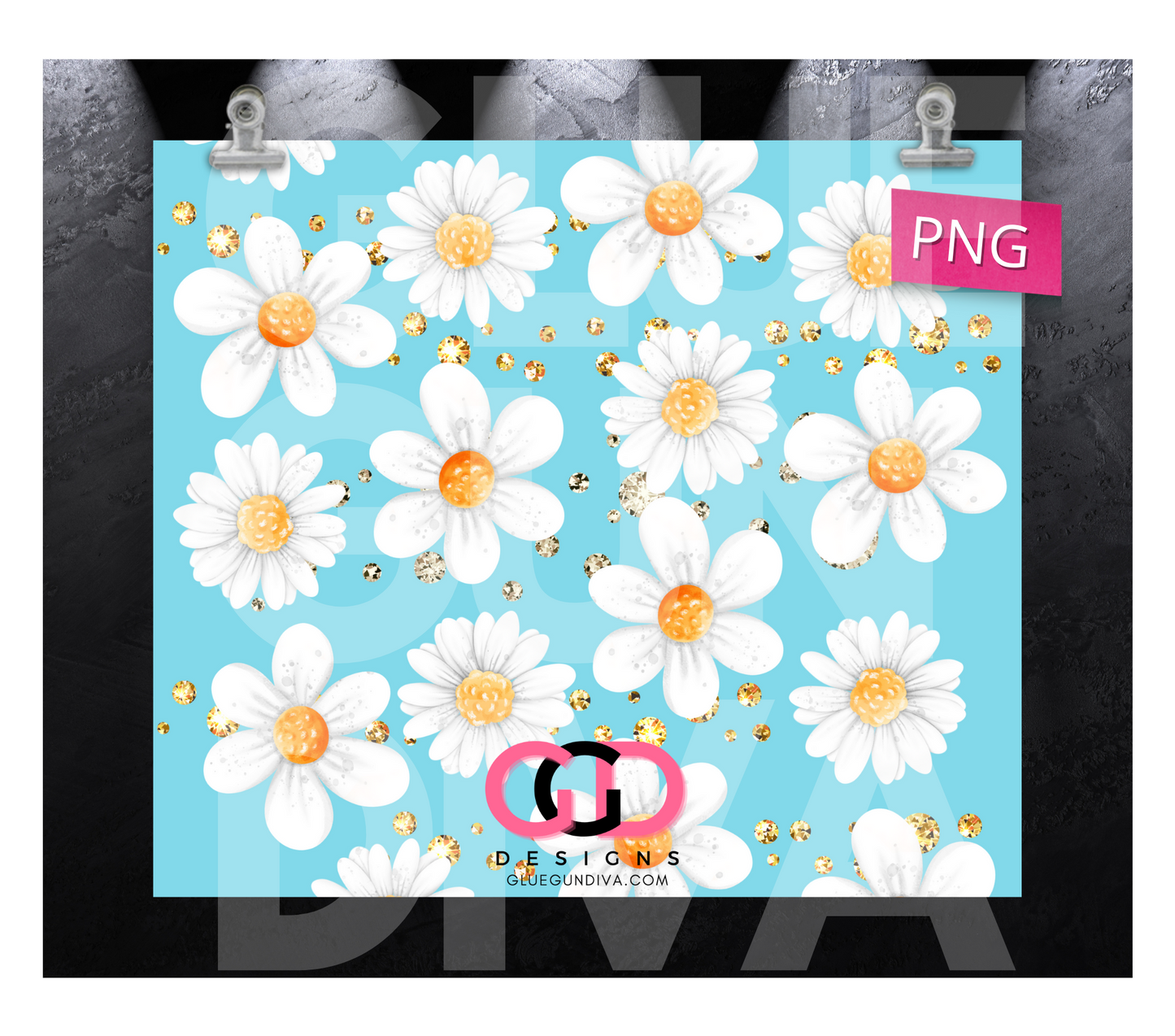 White Flowers with Gems - Digital tumbler wrap for 20 oz skinny straight tumbler