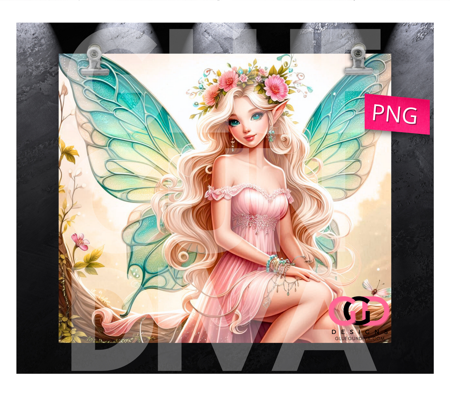 Blonde Fairy Teal Wings- Digital tumbler wrap for 20 oz skinny straight tumbler