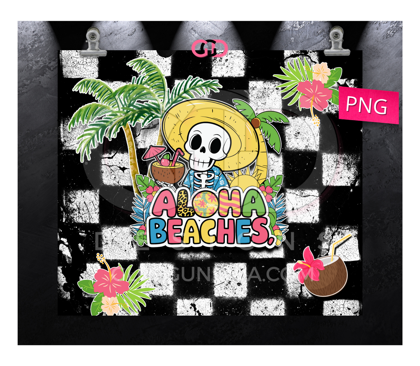 Aloha Beaches Checkered - Digital tumbler wrap for 20 oz skinny straight tumbler