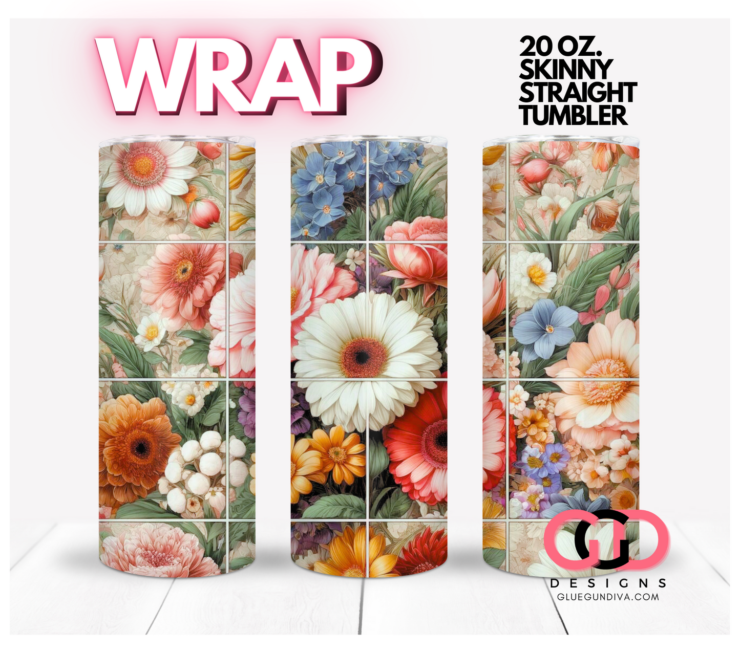 Floral Tiles- Digital tumbler wrap for 20 oz skinny straight tumbler