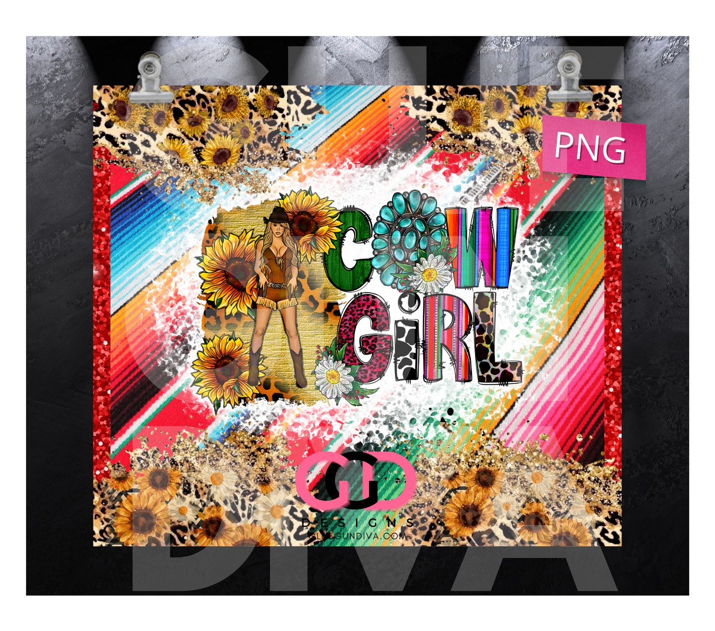 Cowgirl Sunflowers Serape- Digital tumbler wrap for 20 oz skinny straight tumbler