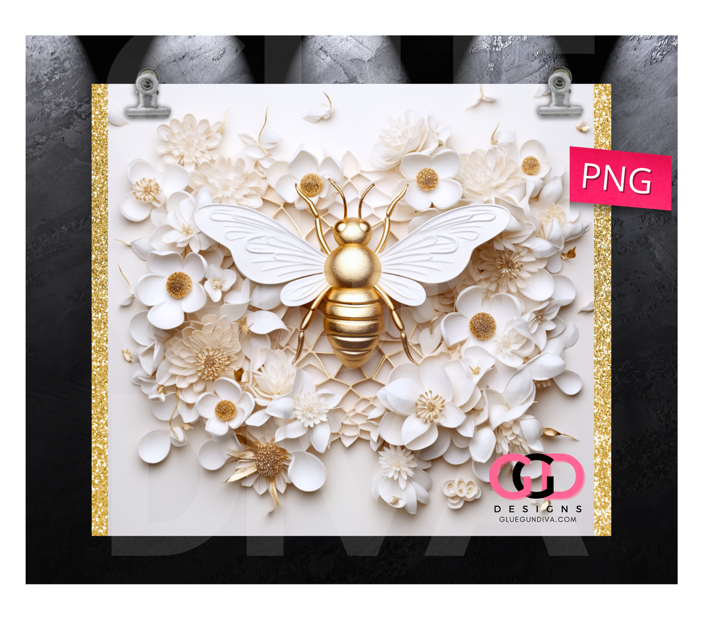 3D Golden Queen Bee- Digital tumbler wrap for 20 oz skinny straight tumbler