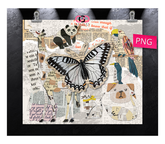 Newspaper Animal Collage - Digital tumbler wrap for 20 oz skinny straight tumbler