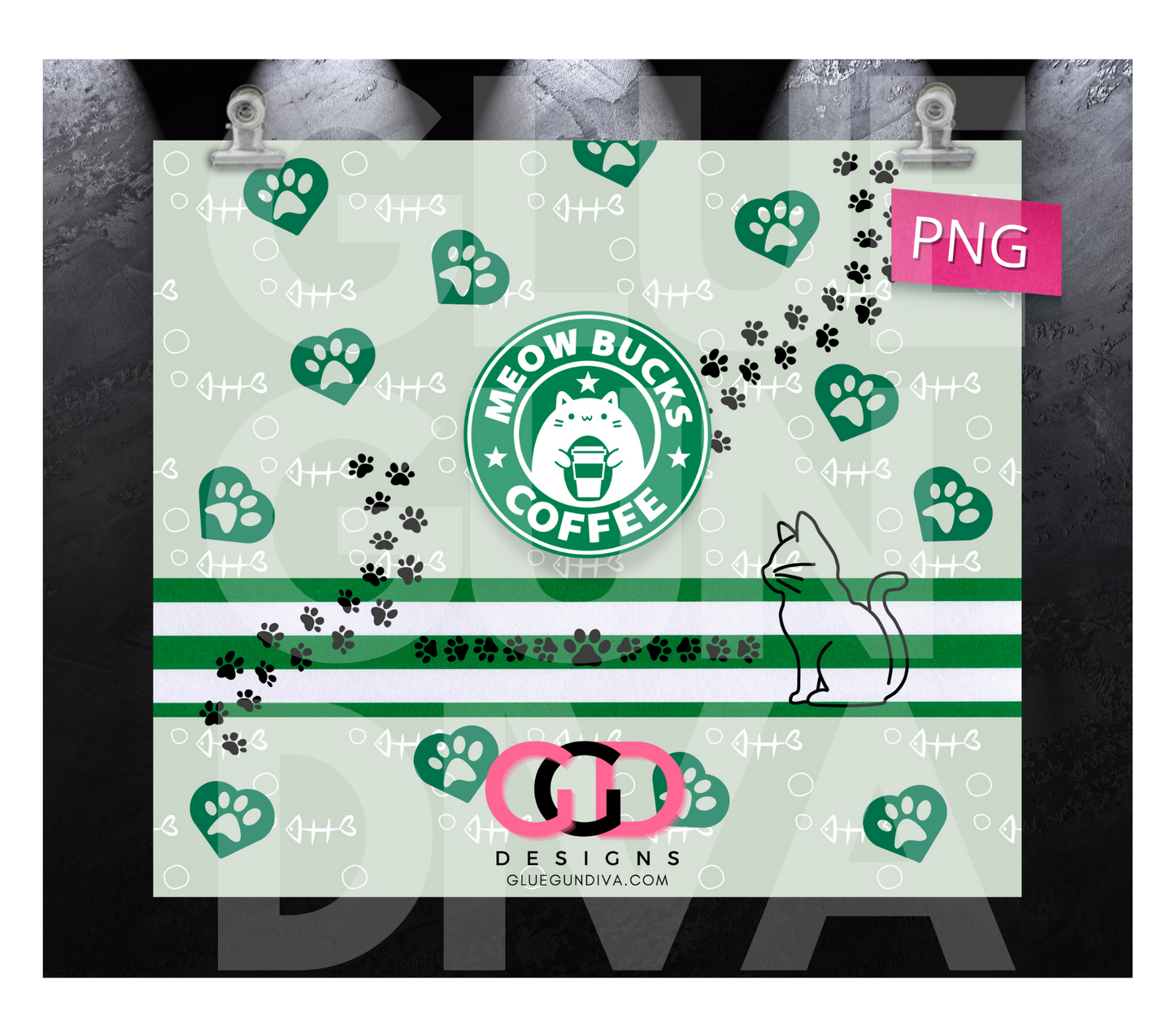 Meow Bucks- Digital tumbler wrap for 20 oz skinny straight tumbler