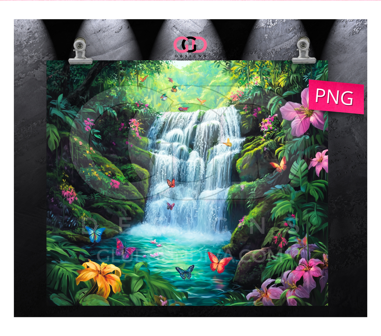 Hidden Tropical Waterfall - Digital tumbler wrap for 20 oz skinny straight tumbler