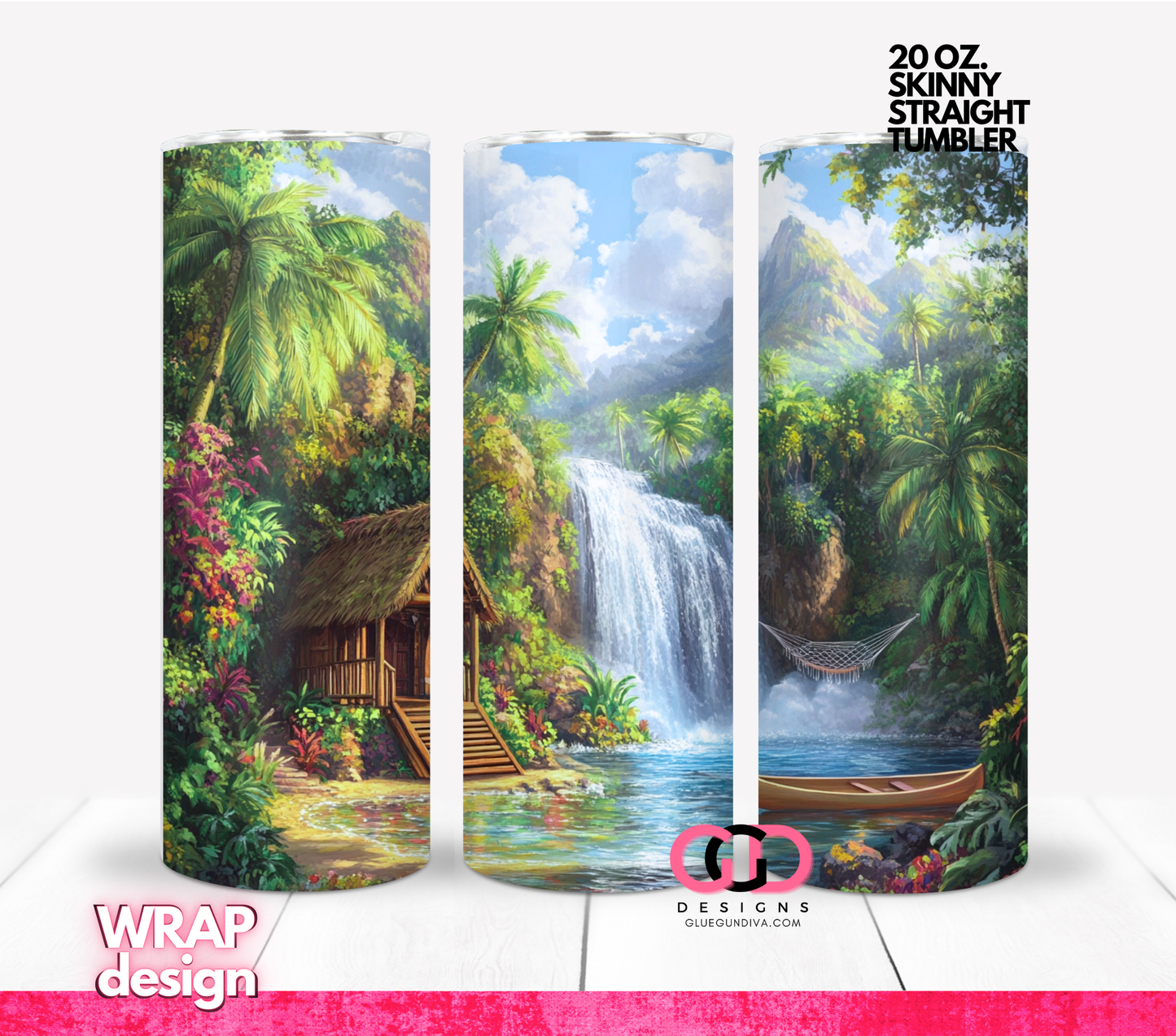 Hut by Waterfall - Digital tumbler wrap for 20 oz skinny straight tumbler