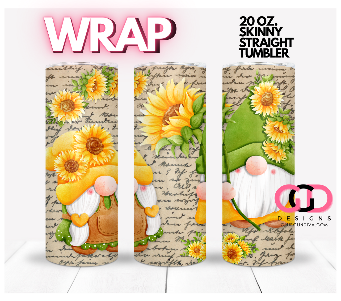 Sunflower Gnomes Vintage Handwriting - Digital tumbler wrap for 20 oz skinny straight tumbler