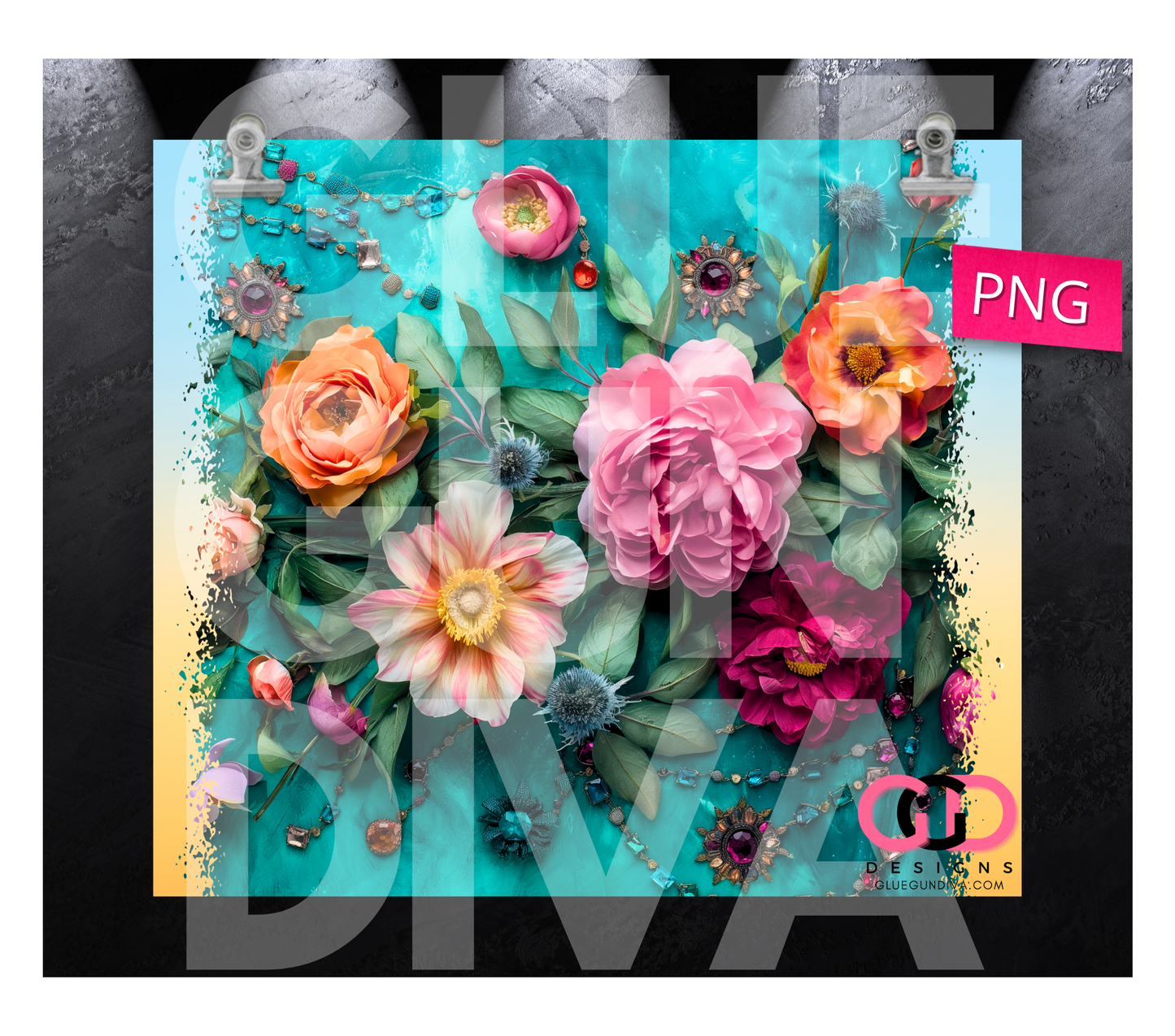 Flowers and Jewels on Teal - Digital tumbler wrap for 20 oz skinny straight tumbler