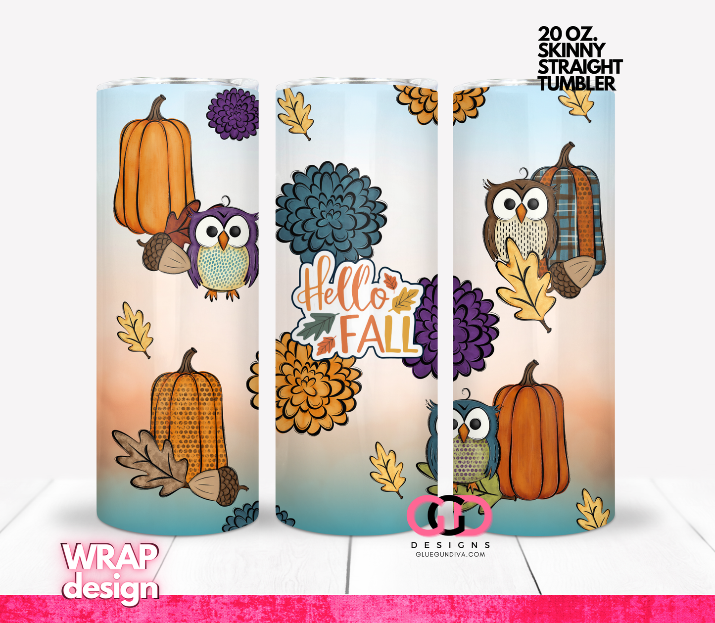 Hello Fall Owls and Pumpkins- Digital tumbler wrap for 20 oz skinny straight tumbler