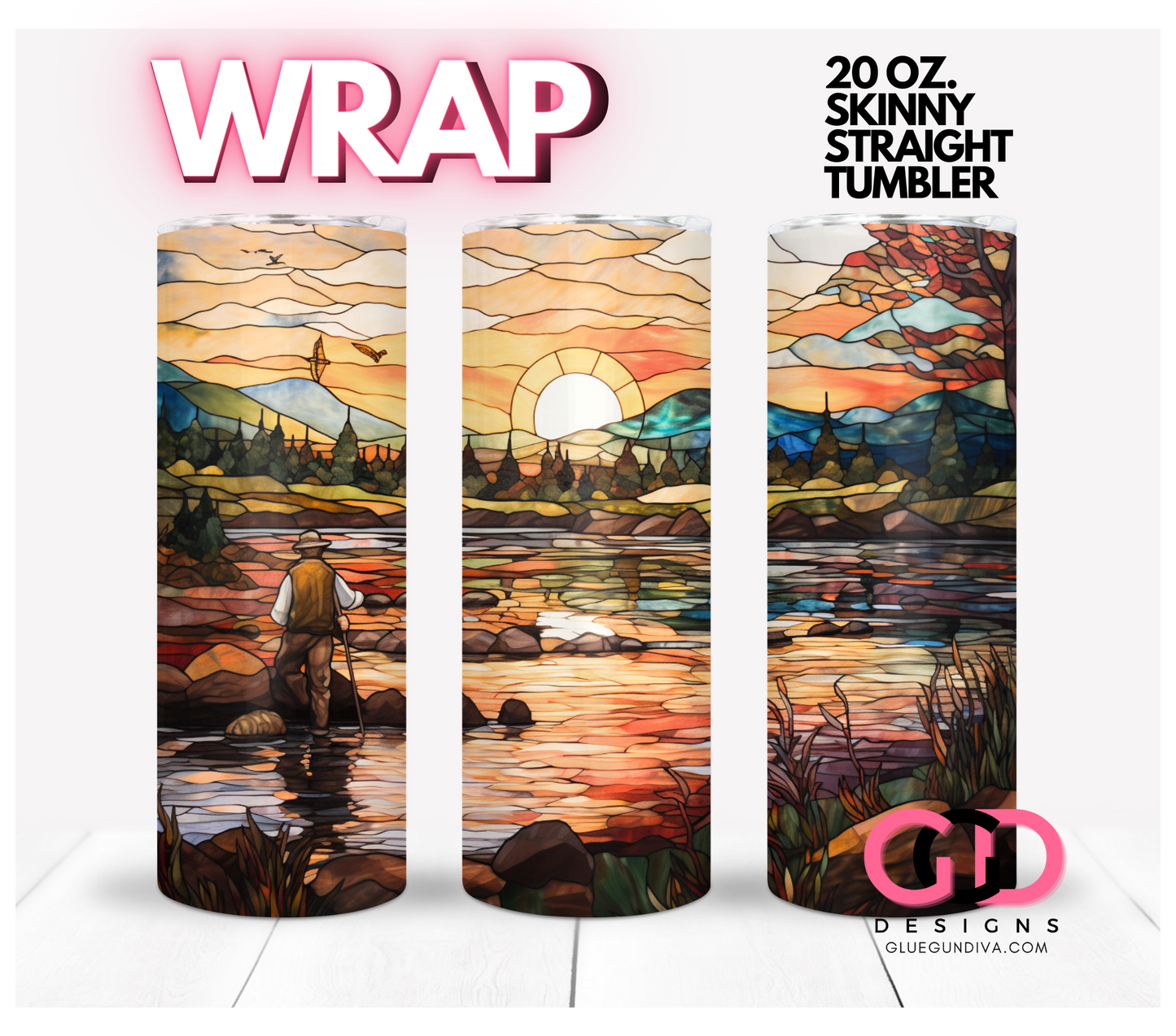 Fisherman Stained Glass Scene- Digital tumbler wrap for 20 oz skinny straight tumbler