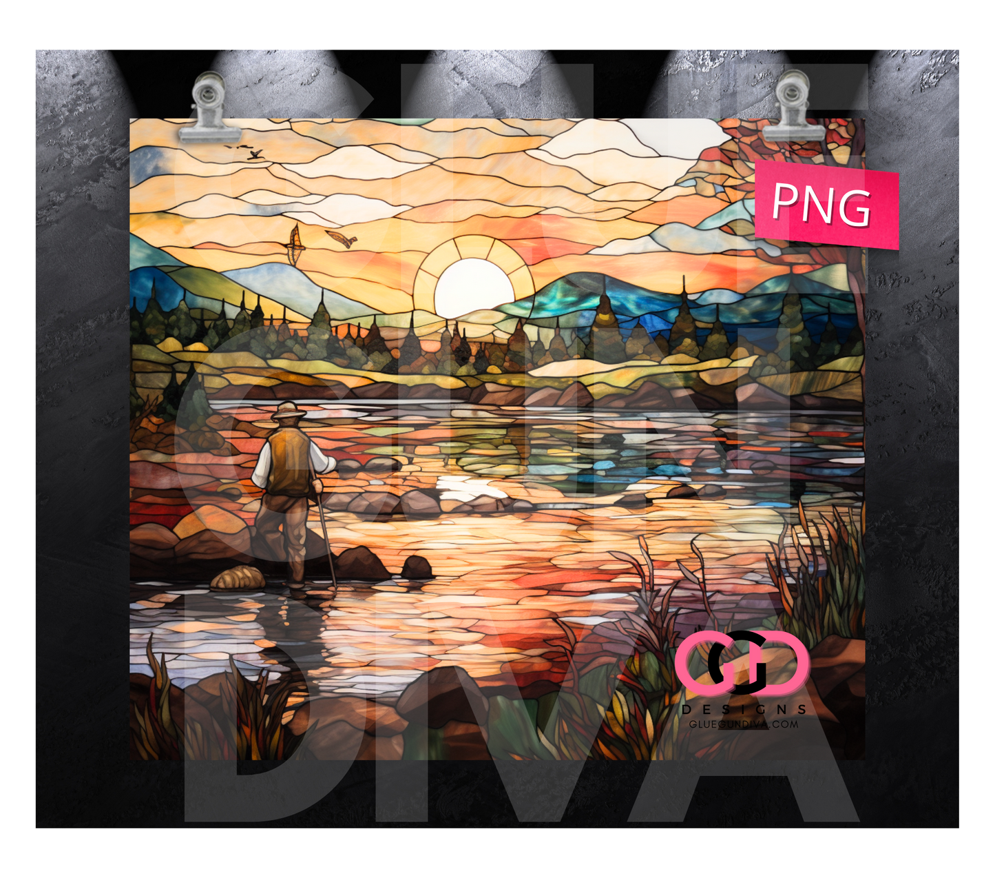 Fisherman Stained Glass Scene- Digital tumbler wrap for 20 oz skinny straight tumbler