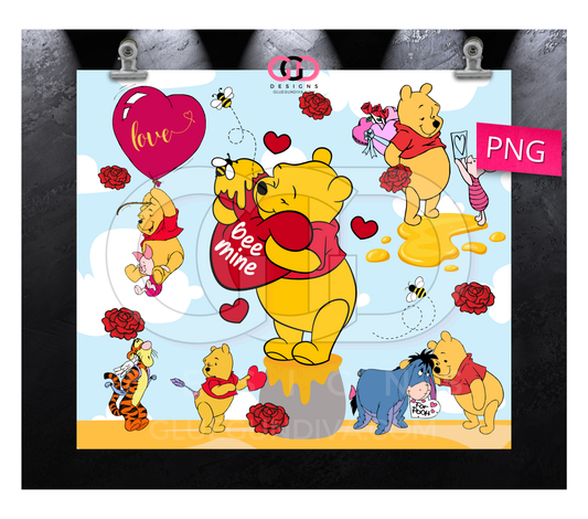 Valentine Honey Bear and Friends- Digital tumbler wrap for 20 oz skinny straight tumbler