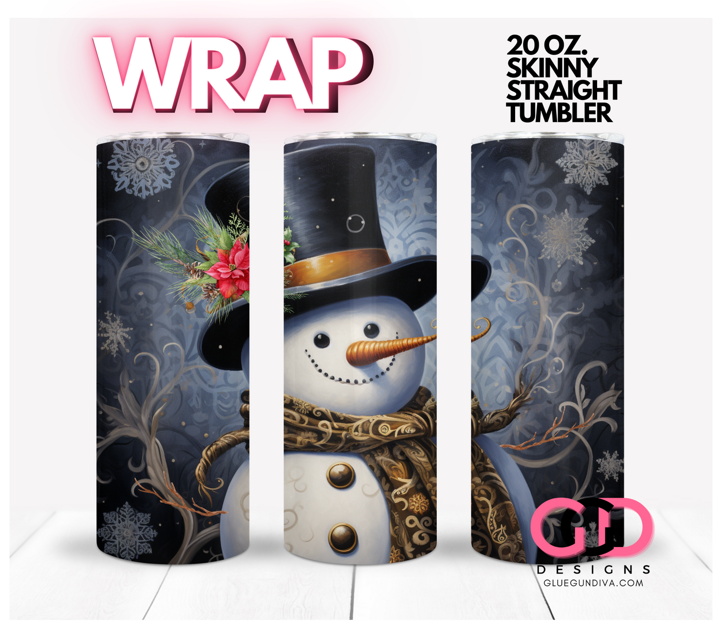 Elegant Snowman- Digital tumbler wrap for 20 oz skinny straight tumbler