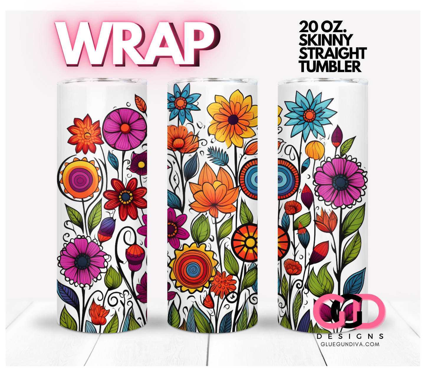 Fun Flower Doodles- Digital tumbler wrap for 20 oz skinny straight tumbler