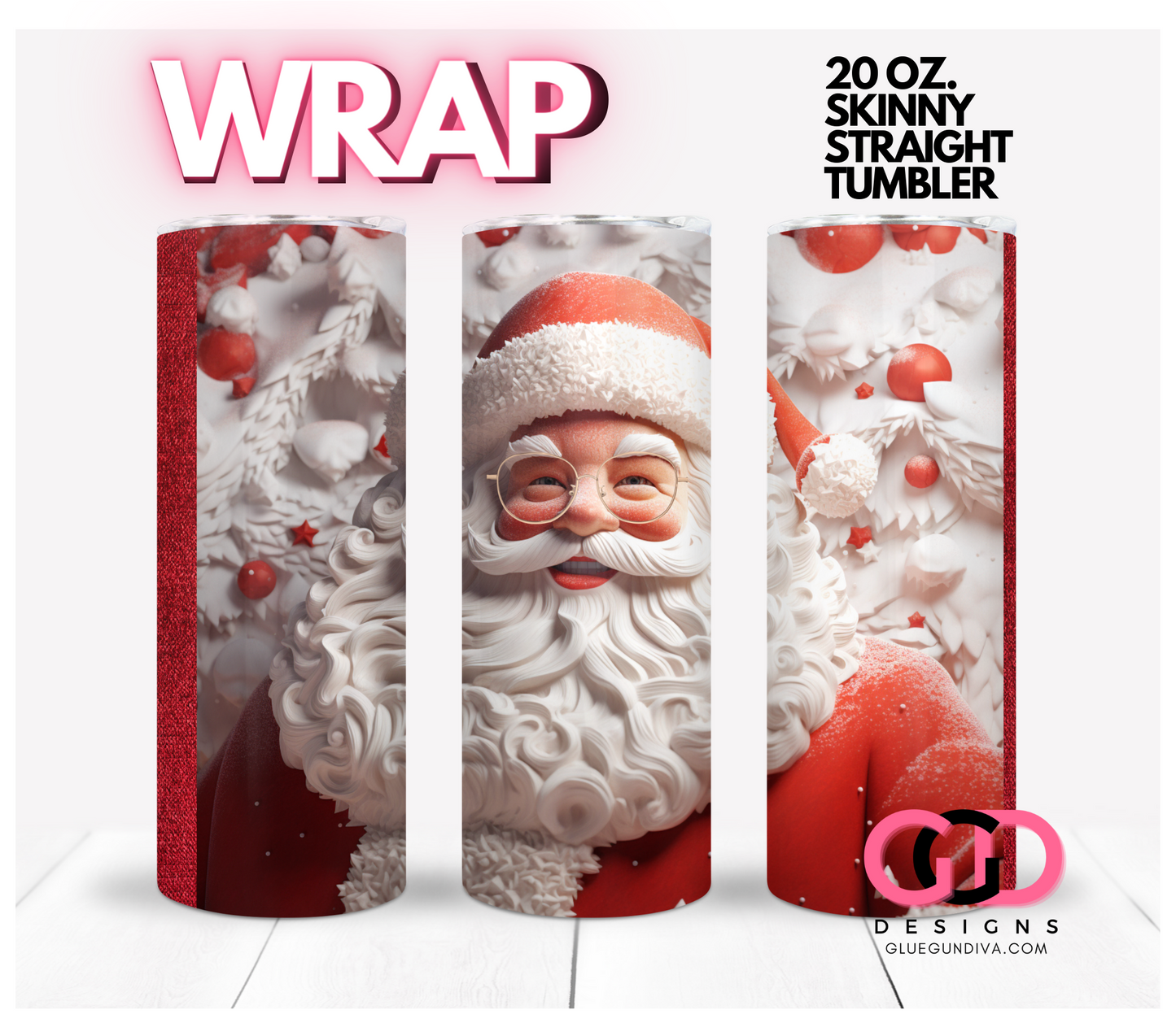 3D Happy Santa- Digital tumbler wrap for 20 oz skinny straight tumbler
