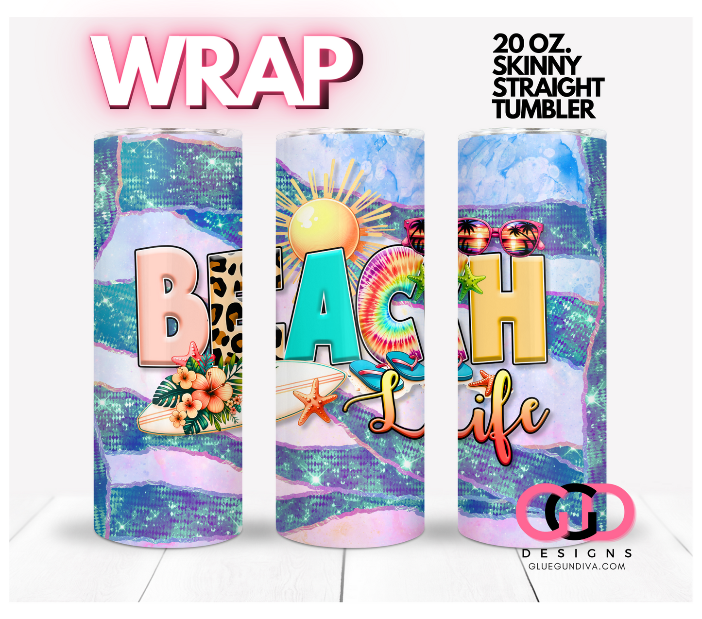 Beach Life Holographic Bands - Digital tumbler wrap for 20 oz skinny straight tumbler