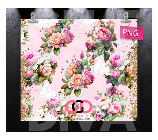 Pink Roses and Glitter - Digital tumbler wrap for 20 oz skinny straight tumbler