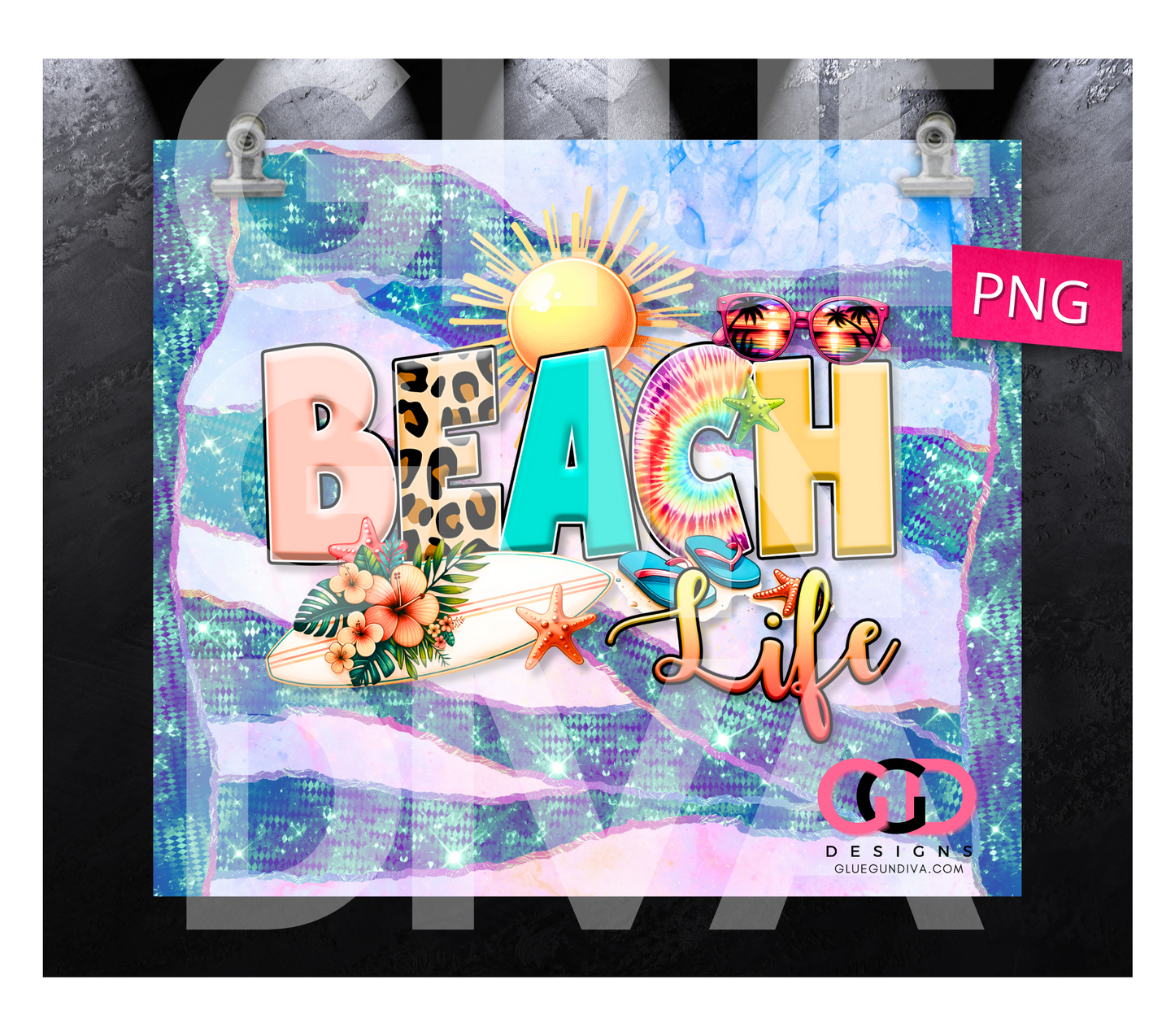 Beach Life Holographic Bands - Digital tumbler wrap for 20 oz skinny straight tumbler