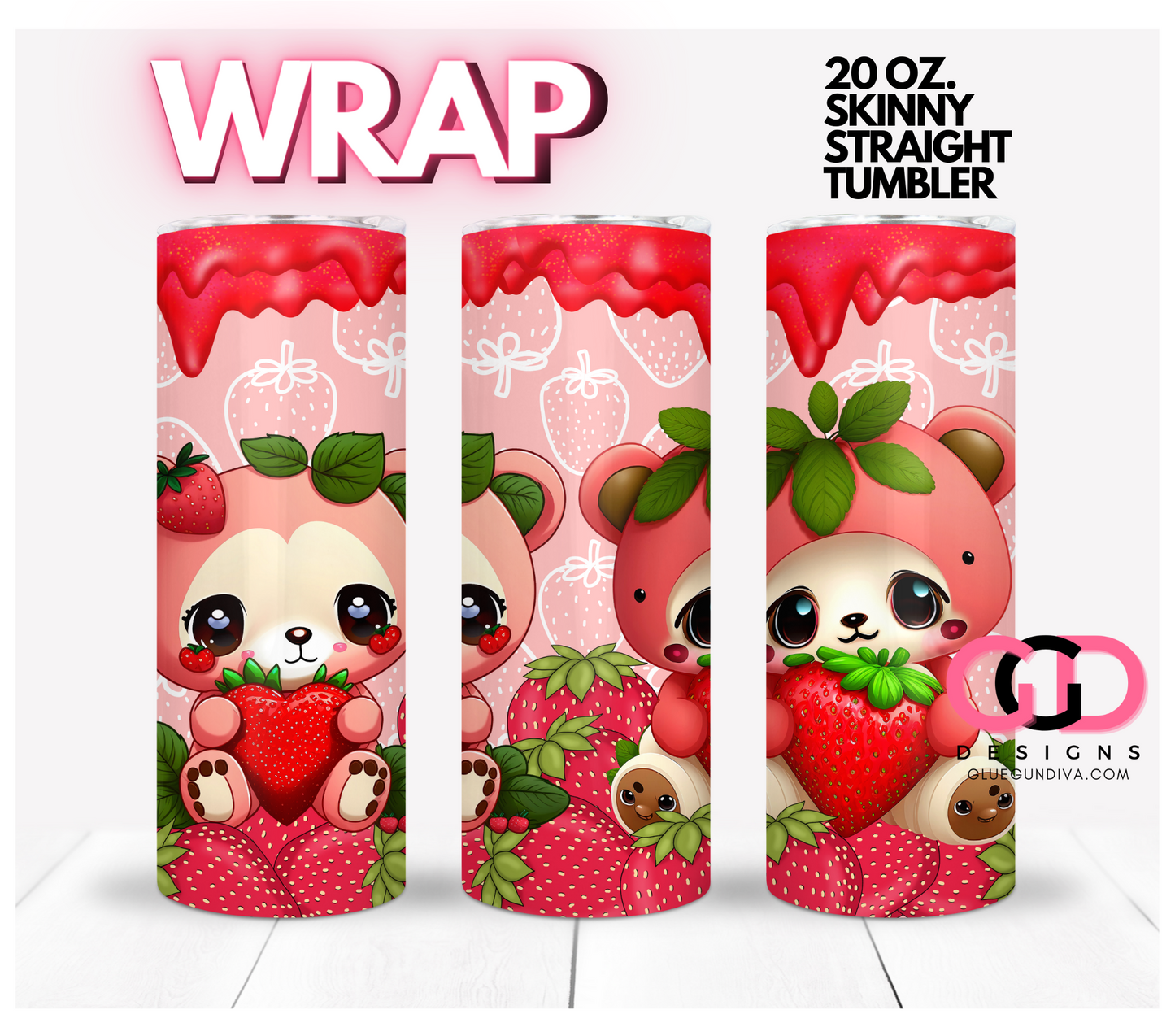 Strawberry Bears - Digital tumbler wrap for 20 oz skinny straight tumbler