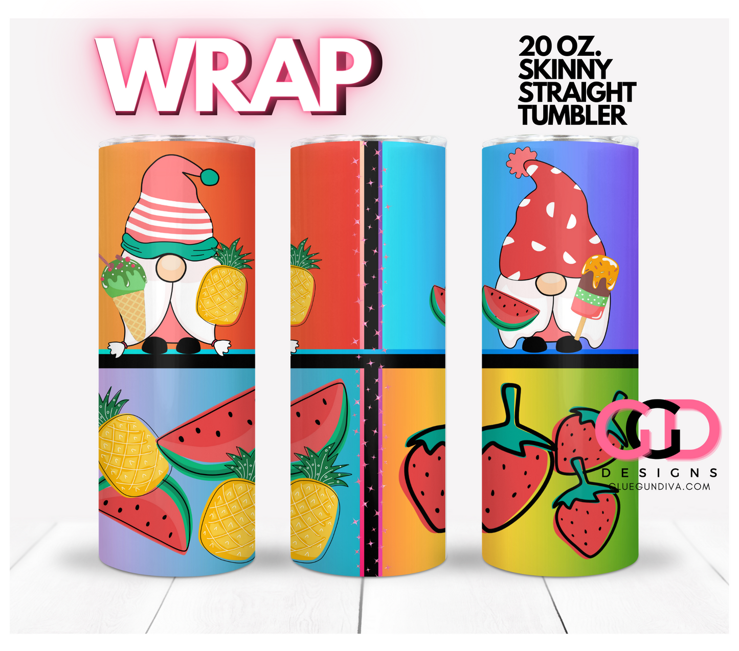 Bright Summer Gnomes- Digital tumbler wrap for 20 oz skinny straight tumbler