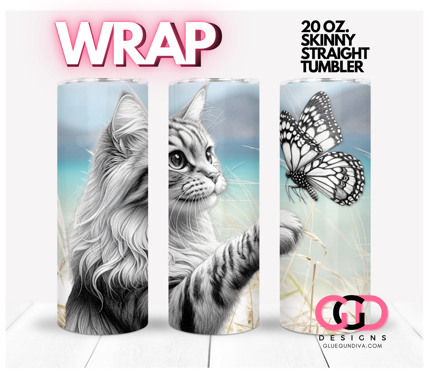 Cute Cat and Butterfly- Digital tumbler wrap for 20 oz skinny straight tumbler