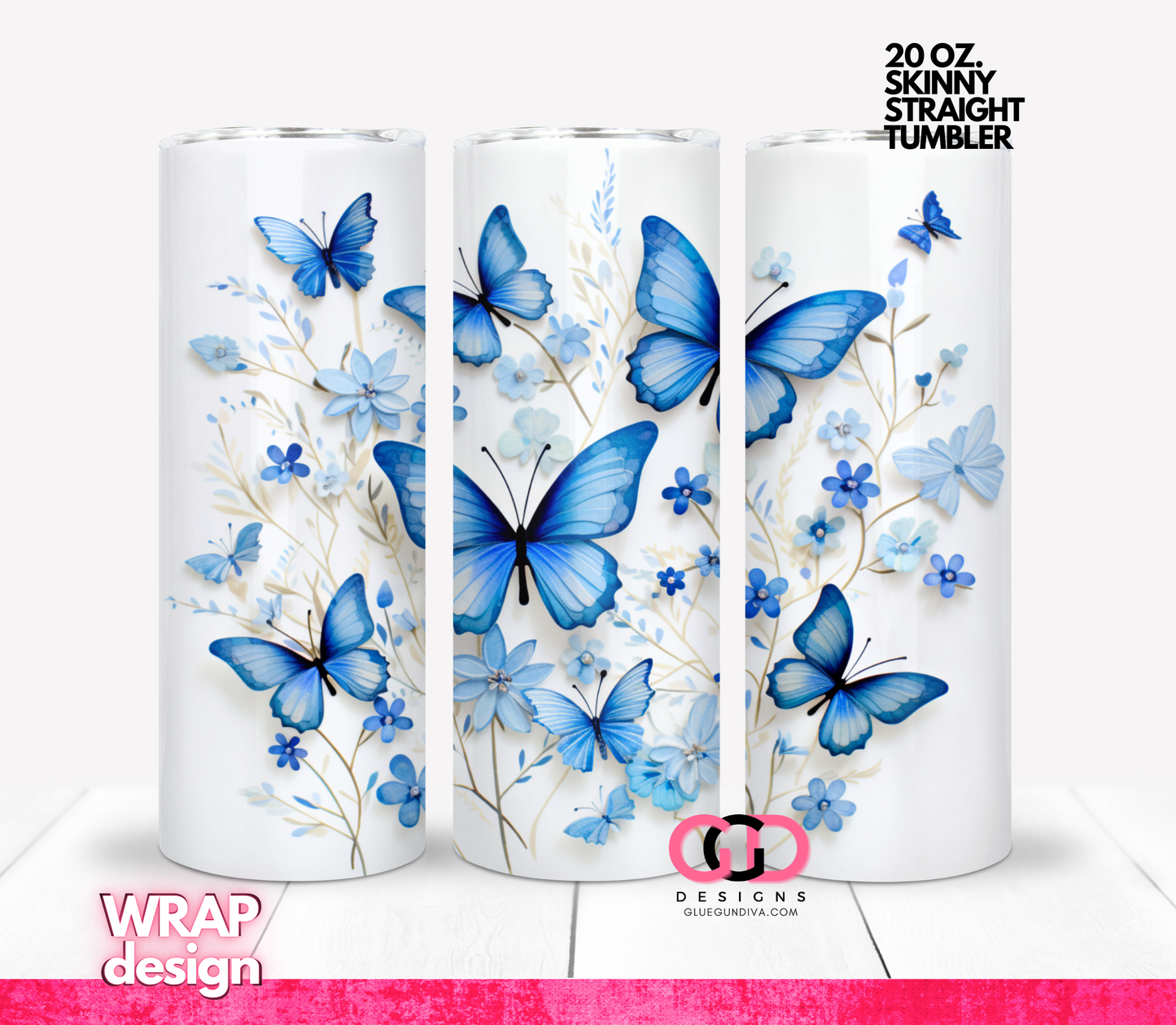 Blue Butterflies and Flowers- Digital tumbler wrap for 20 oz skinny straight tumbler